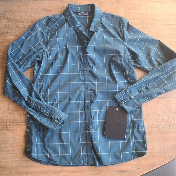 Arc'teryx Riel Long Sleeve Shirt Womens Small S Teal Button Down Plaid NEW - Picture 1 of 6